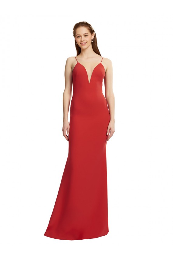 Rouge Sirène Bretelles spaghetti Col V Crêpe Stretch Longue Formelles Robes demoiselle d'honneur / Robes de soirée / Robes de bal Outlet