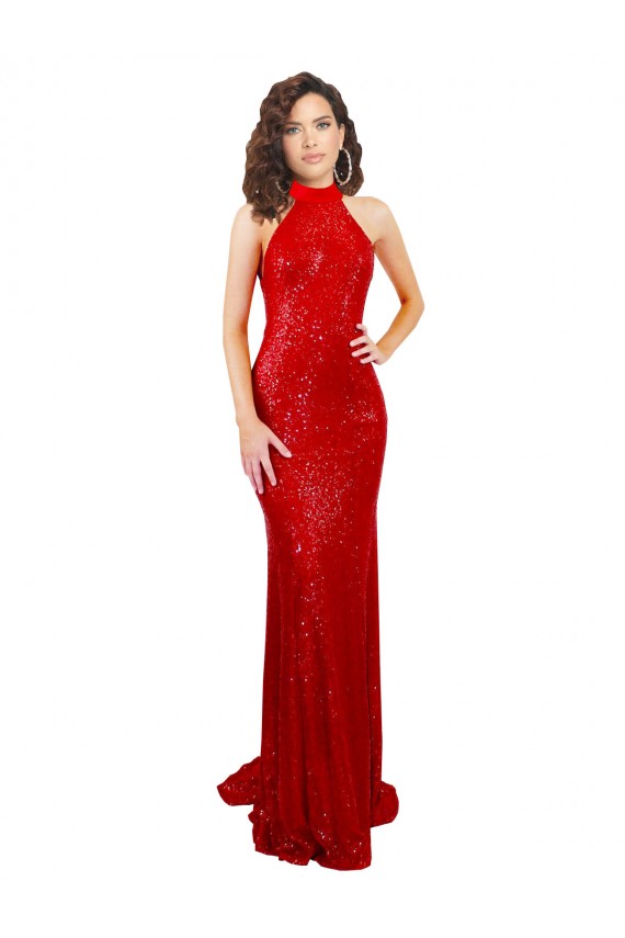 Rouge Sirène Licou Col Haut Paillette Longue Formelles Robes demoiselle d'honneur / Robes de soirée / Robes de bal Outlet