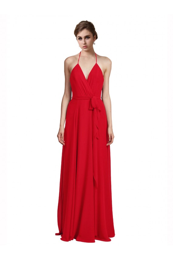 Rouge Trapèze Bretelles spaghetti Col V Mousseline Longue Robes demoiselle d'honneur Outlet