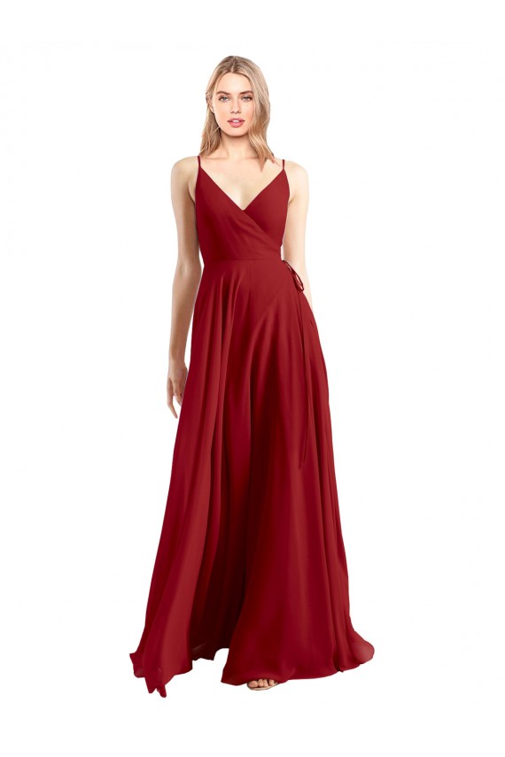 Rouge Trapèze Bretelles spaghetti Col V Mousseline Longue Robes demoiselle d'honneur Outlet