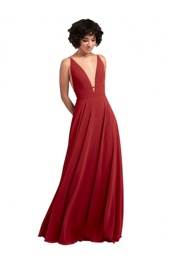 Rouge Trapèze Col V Mousseline Longue Robes demoiselle d'honneur Outlet