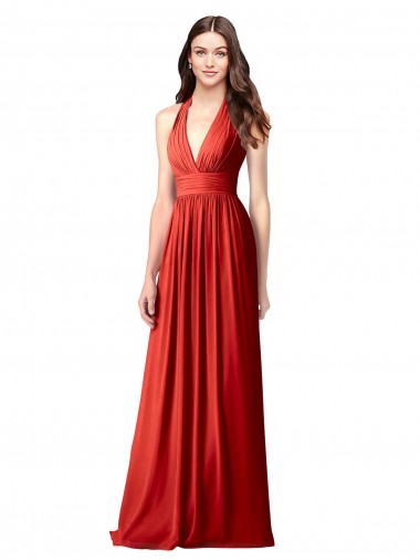 Rouge Trapèze Licou Col V Mousseline Longue Robes demoiselle d'honneur Pas Chre
