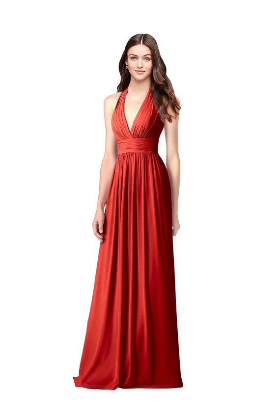 Rouge Trapèze Licou Col V Mousseline Longue Robes demoiselle d'honneur Outlet