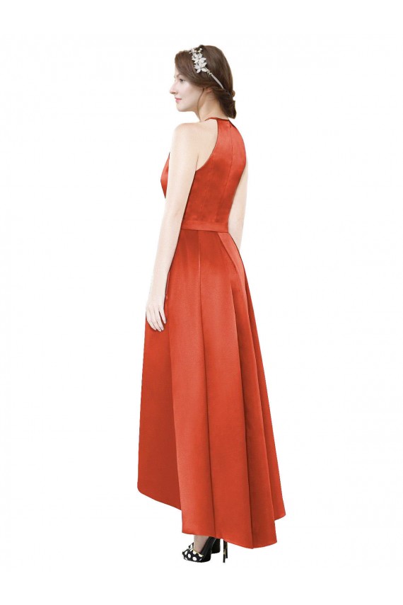 Rouge Épice Trapèze Licou Satiné Longue Asymétrique Robes demoiselle d'honneur Outlet