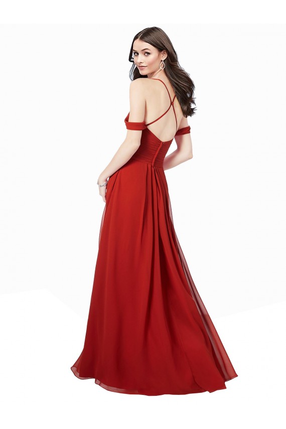 Rouge foncé Trapèze Col V Mousseline Longue Robes demoiselle d'honneur Outlet