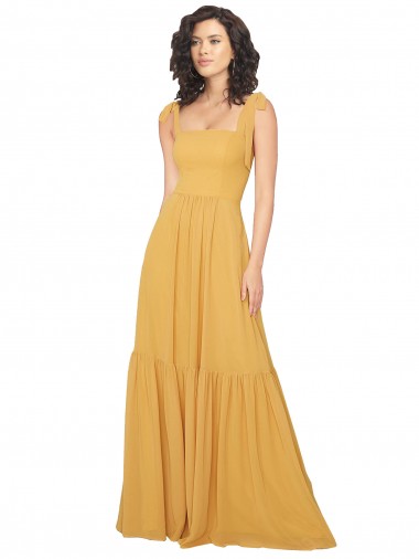 Safran Trapèze Col Carré Mousseline Longue Robes demoiselle d'honneur Pas Chre