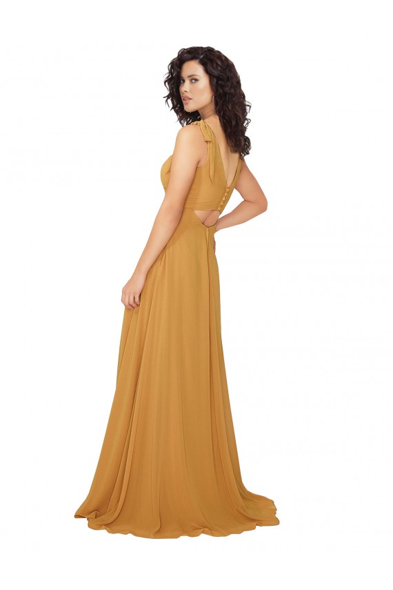 Safran Trapèze Col V Mousseline Longue Robes demoiselle d'honneur Outlet