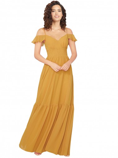 Safran Trapèze Col V Mousseline Longue Robes demoiselle d'honneur Pas Chre