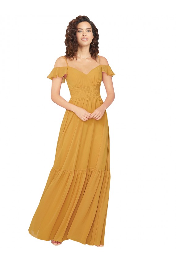 Safran Trapèze Col V Mousseline Longue Robes demoiselle d'honneur Outlet