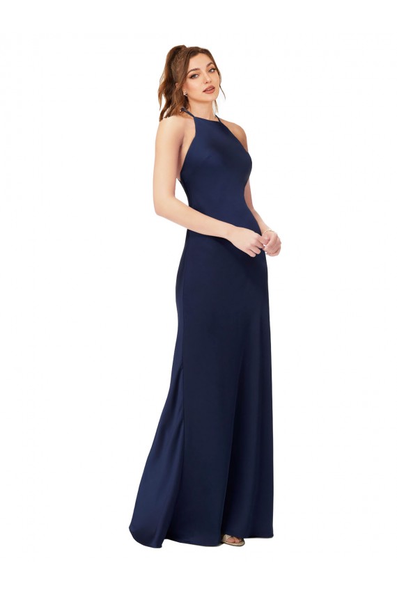 Saphir Fourreau Col Haut Satiné Soyeux Longue Formelles Robes demoiselle d'honneur / Robes de soirée / Robes de bal Outlet