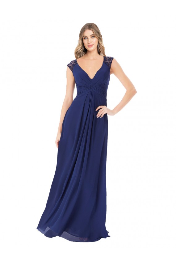 Saphir Trapèze Col V Mousseline Longue Robes demoiselle d'honneur Outlet