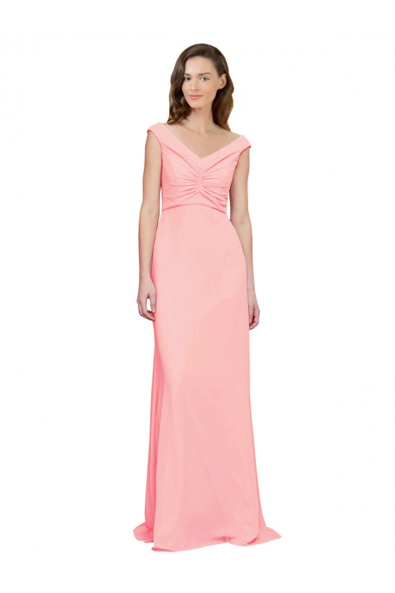 Saumon Trapèze Col V Mousseline Longue Robes demoiselle d'honneur Outlet