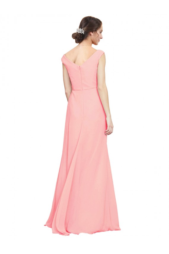 Saumon Trapèze Col V Mousseline Longue Robes demoiselle d'honneur Outlet