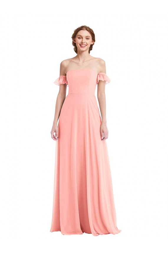 Saumon Trapèze Épaule Dénudée Mousseline Longue Robes demoiselle d'honneur Outlet