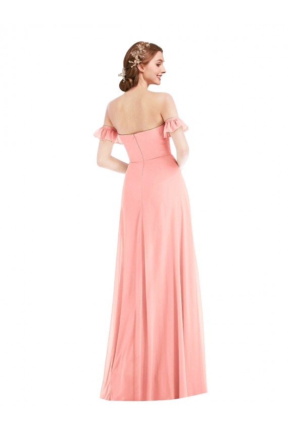 Saumon Trapèze Épaule Dénudée Mousseline Longue Robes demoiselle d'honneur Outlet