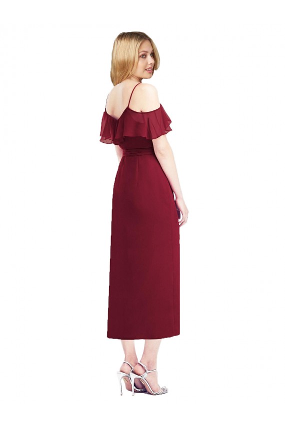 Saumon Trompette Bretelles spaghetti Col V Mousseline Courte Asymétrique Robes demoiselle d'honneur Outlet