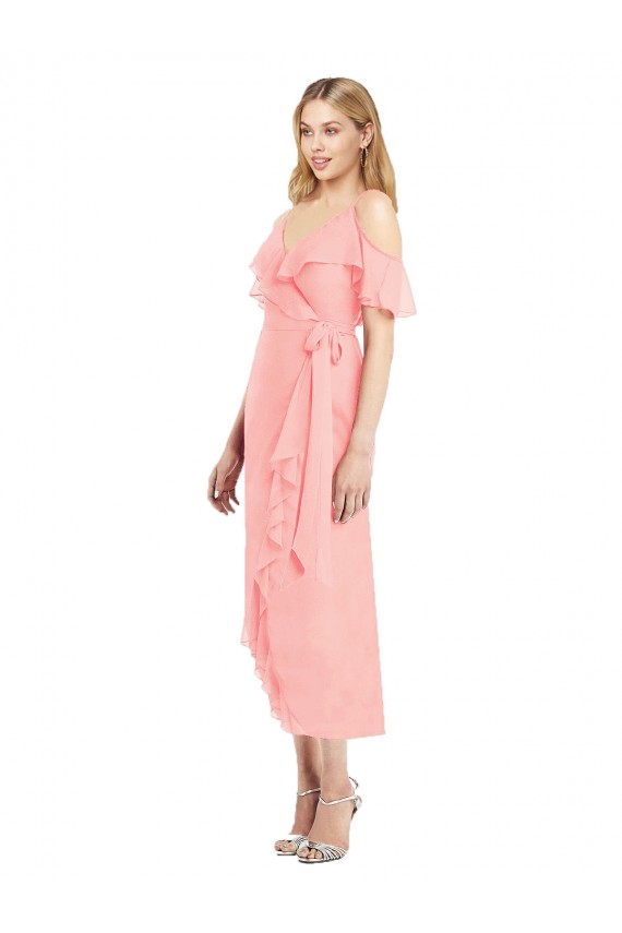 Saumon Trompette Bretelles spaghetti Col V Mousseline Courte Asymétrique Robes demoiselle d'honneur Outlet