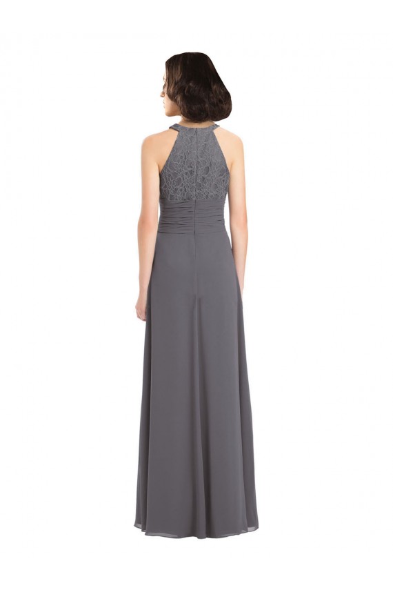 Stormy Silver Trapèze Licou Mousseline Dentelle Longue Robes demoiselle d'honneur Outlet