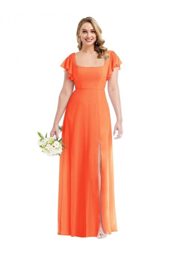 Trapèze Col Carré Mousseline Longue Robes demoiselle d'honneur Outlet