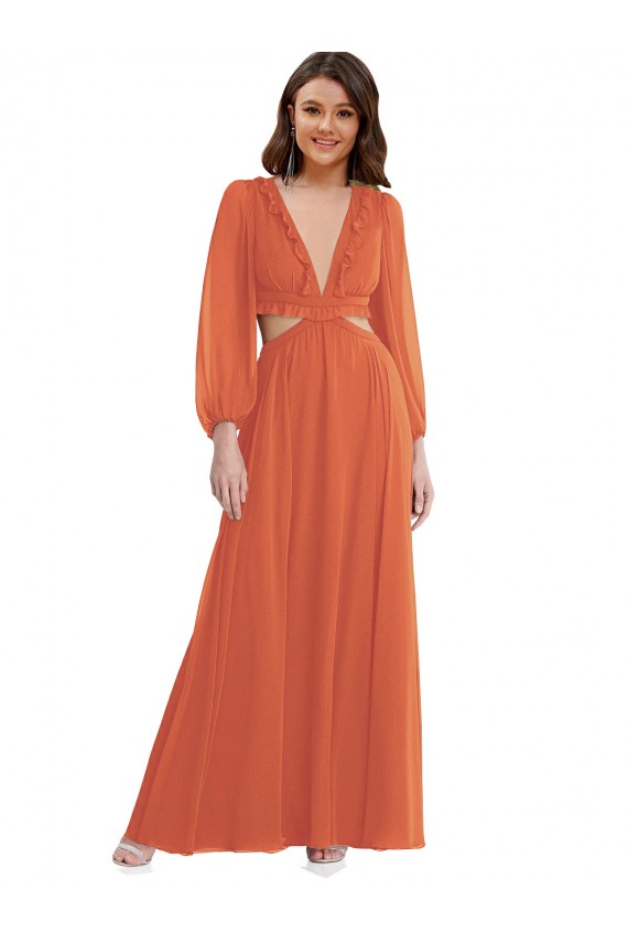 Trapèze Col V Mousseline Longue Asymétrique Robes demoiselle d'honneur Outlet