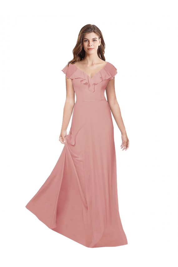 Trapèze Col V Mousseline Longue Robes demoiselle d'honneur Outlet