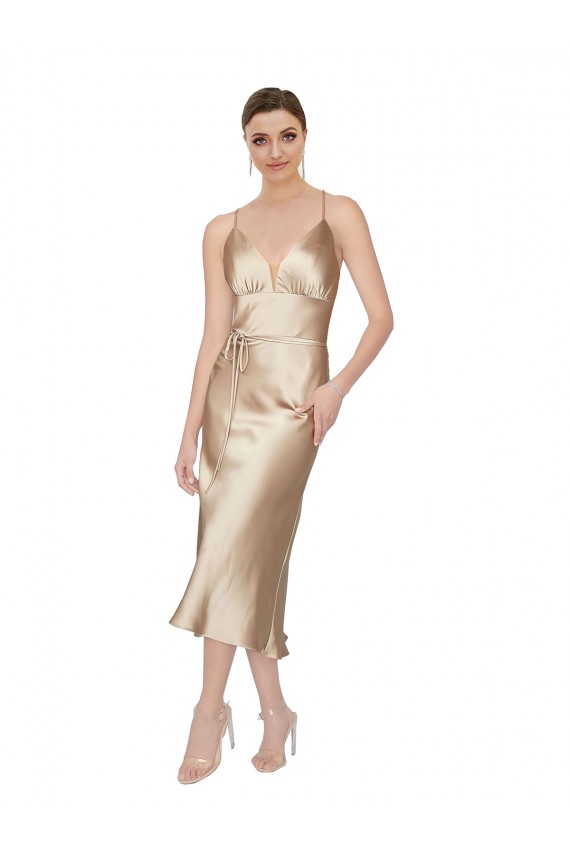 Trapèze Col V midi Satiné Soyeux Courte Robes demoiselle d'honneur / Robes de soirée / Robes de cocktail Outlet
