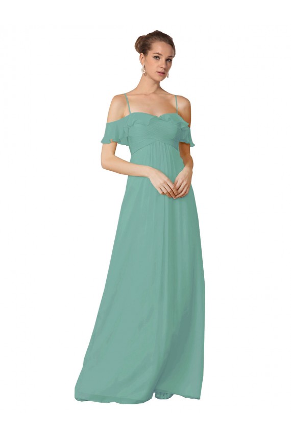 Trapèze Épaule Dénudée Bretelles spaghetti Mousseline Longue Robes demoiselle d'honneur Outlet