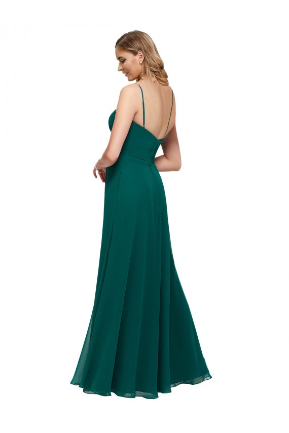 Vert Chasseur Trapèze Bretelles spaghetti Col Carré Mousseline Longue Robes demoiselle d'honneur Outlet