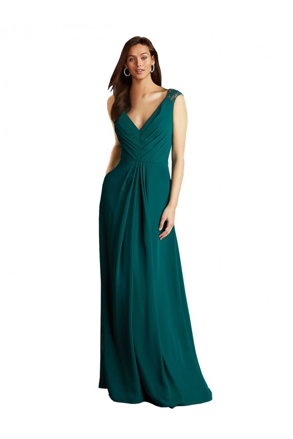 Vert Chasseur Trapèze Col V Mousseline Dentelle Longue Robes demoiselle d'honneur Outlet