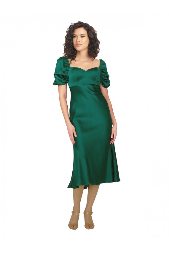 Vert Chasseur Trapèze midi Satiné Soyeux Courte Robes demoiselle d'honneur / Robes de soirée / Robes de bal Outlet
