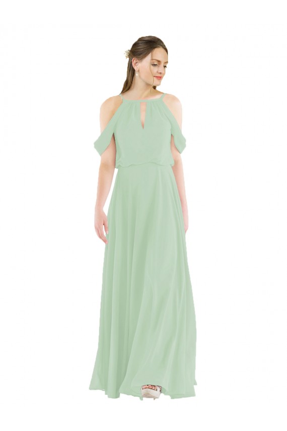 Vert Sauge Fourreau Épaule Dénudée Mousseline Longue Robes demoiselle d'honneur Outlet