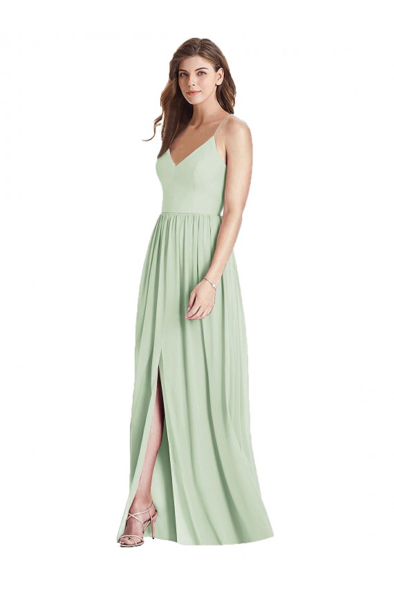 Vert Sauge Trapèze Bretelles spaghetti Col V Mousseline Longue Robes demoiselle d'honneur Outlet