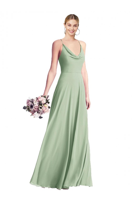 Vert Sauge Trapèze Bretelles spaghetti Mousseline Longue Robes demoiselle d'honneur Outlet