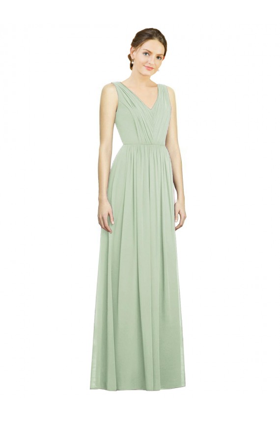 Vert Sauge Trapèze Col V Mousseline Longue Robes demoiselle d'honneur Outlet