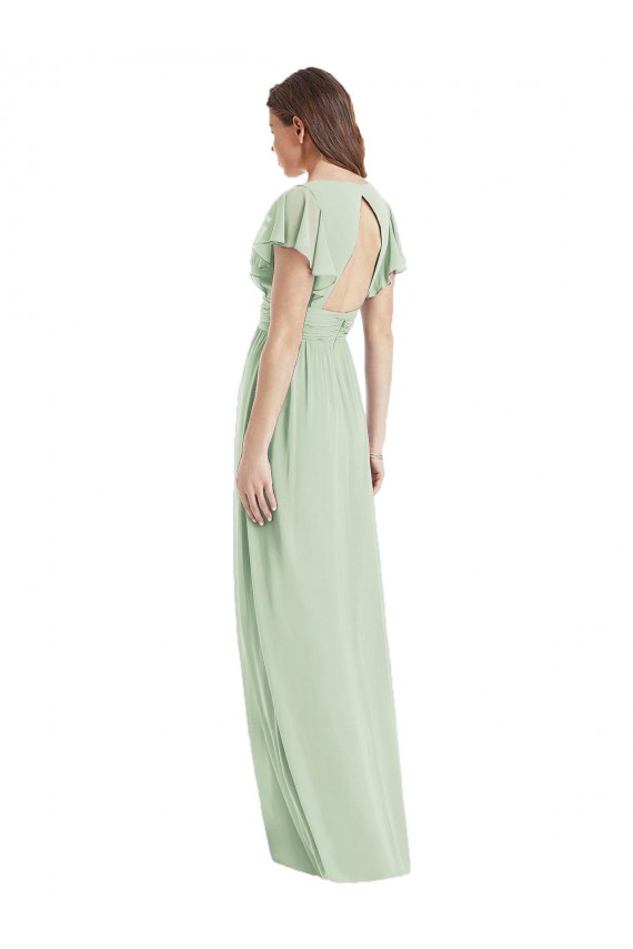 Vert Sauge Trompette Col V Mousseline Longue Robes demoiselle d'honneur Outlet