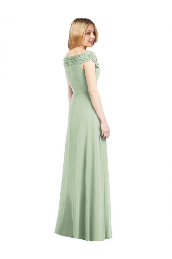 Vert Sauge Trompette Épaule Dénudée Mousseline Longue Robes demoiselle d'honneur Outlet