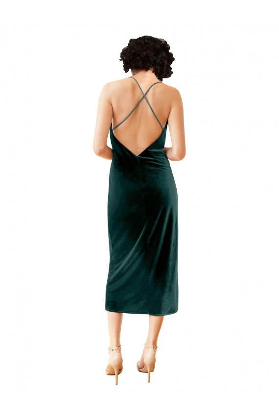 Vert foncé Fourreau Bretelles spaghetti midi Velours Stretch Courte Robes demoiselle d'honneur / Robes de soirée / Robes de cocktail Outlet