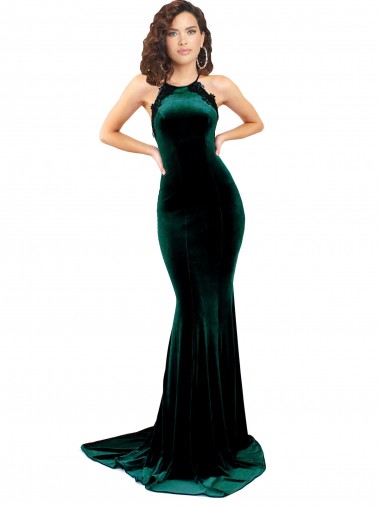 Vert foncé Sirène Col Haut Balayage train Velours Stretch Longue Formelles Robes demoiselle d'honneur / Robes de soirée / Robes de bal Pas Chre