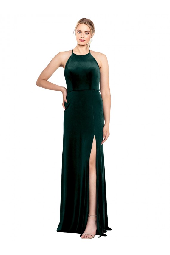 Vert foncé Trapèze Bretelles spaghetti Col bijou Velours Stretch Longue Robes demoiselle d'honneur / Robes de bal Outlet