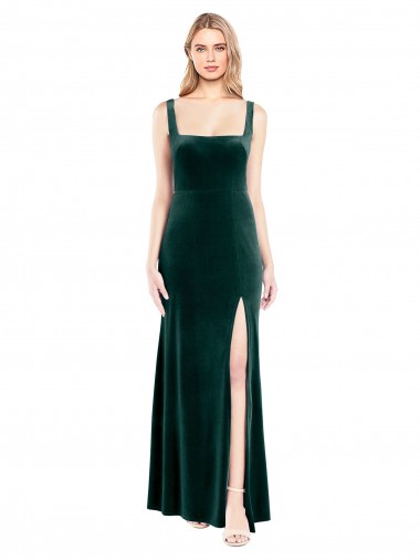 Vert foncé Trapèze Col Carré Velours Stretch Longue Robes demoiselle d'honneur / Robes de bal Pas Chre