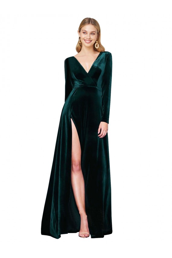 Vert foncé Trapèze Col V Balayage train Velours Stretch Longue Formelles Robes demoiselle d'honneur / Robes de soirée / Robes de bal Outlet