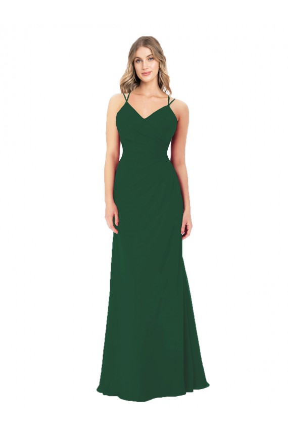 Vert foncé Trapèze Col V Mousseline Longue Robes demoiselle d'honneur Outlet