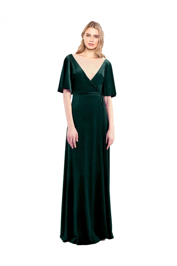Vert foncé Trapèze Col V Velours Stretch Longue Robes demoiselle d'honneur / Robes de bal Outlet