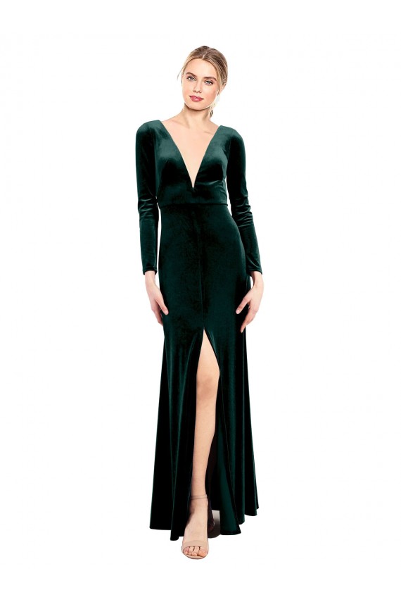 Vert foncé Trapèze Col V Velours Stretch Longue Robes demoiselle d'honneur / Robes de bal Outlet