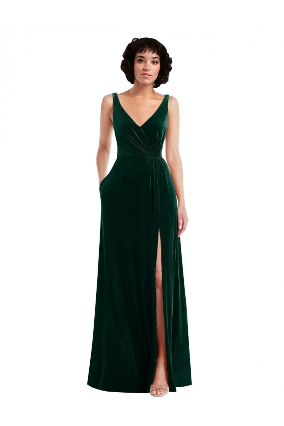 Vert foncé Trapèze Col V Velours Stretch Longue Robes demoiselle d'honneur / Robes de bal Outlet
