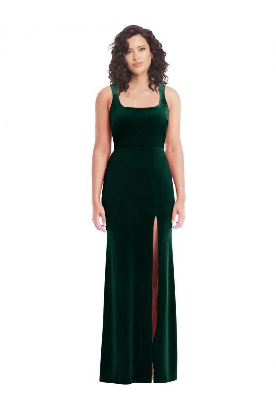 Vert foncé Trompette Col Carré Velours Stretch Longue Robes demoiselle d'honneur / Robes de bal Outlet