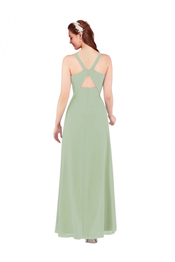 Vert fumée Fourreau Col V Mousseline Longue Robes demoiselle d'honneur Outlet