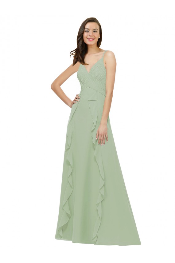 Vert fumée Trapèze Bretelles spaghetti Col V Mousseline Longue Robes demoiselle d'honneur Outlet