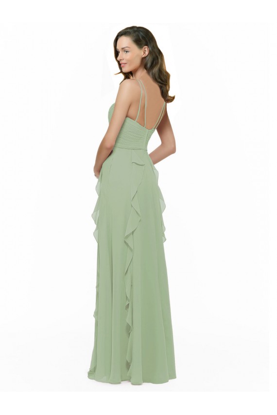 Vert fumée Trapèze Bretelles spaghetti Col V Mousseline Longue Robes demoiselle d'honneur Outlet