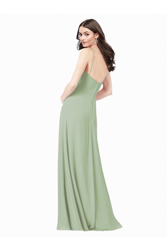 Vert fumée Trapèze Bretelles spaghetti Mousseline Longue Robes demoiselle d'honneur Outlet